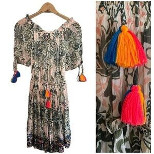 Hemant and Nandita Green Pink Print Boho Embroidered Tassel Dress